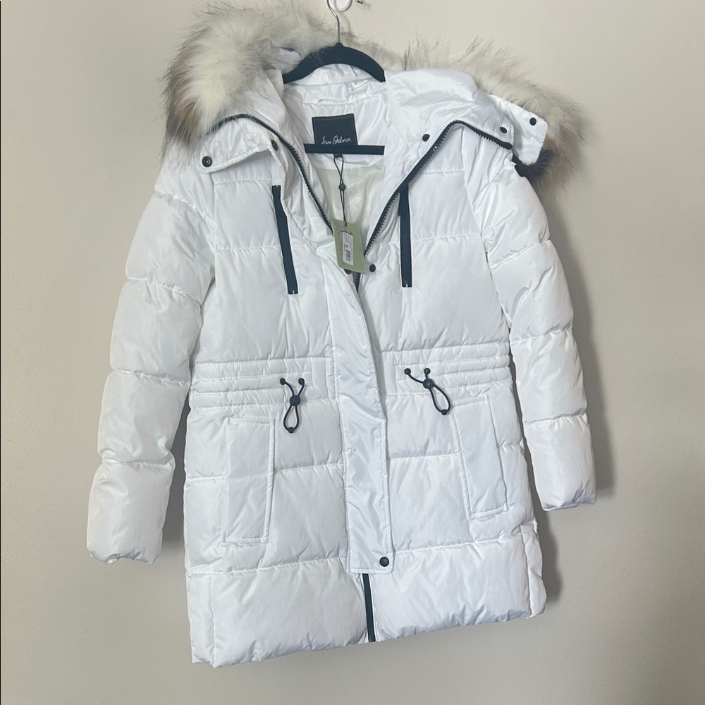 Sam Edelman White Puffer Coat with Faux Fur Trim
